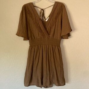 Easel, large, brown, v-neck romper with crochet detail and pockets